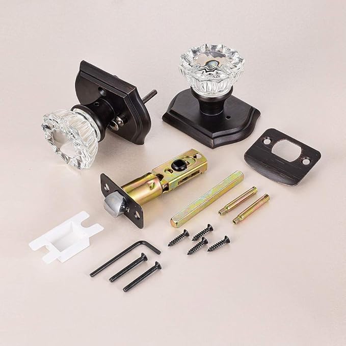 Crystal Glass Door Knobs Interior with Lock, Vintage Privacy Door Knob for Bedroom Bathroom, Oil Rubbed Bronze