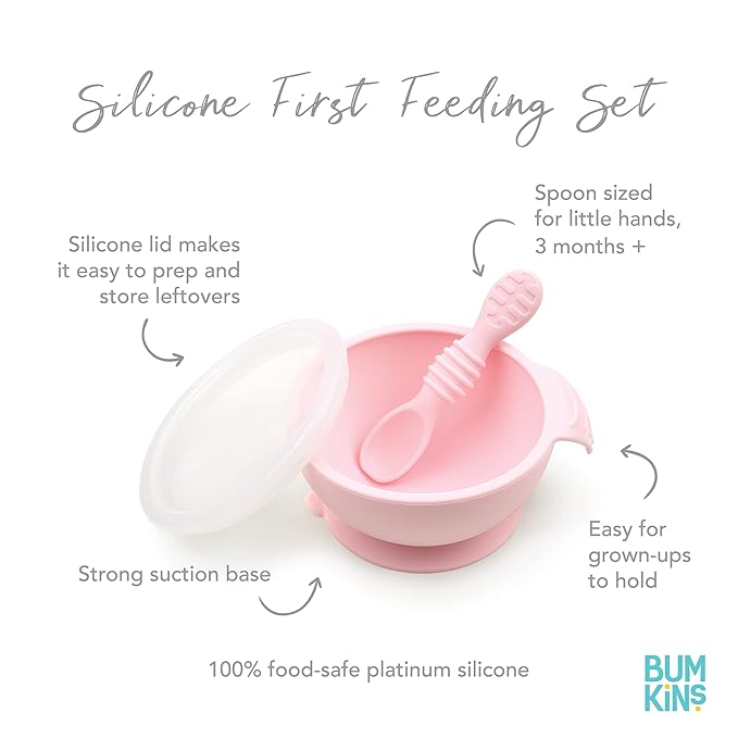 Bumkins Baby Bowl, Silicone Feeding Set with Suction for Baby and Toddler, Includes 4 Spoons and Lid, First Feeding Set, Training Essentials for Baby Led Weaning for Babies 4 Months Up, Pink