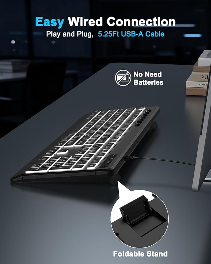 EDJO Large Print Backlit Wired Keyboard, Light Up USB Keyboard with 7-Colors Backlight, Oversize Letters Keys Full Size Computer Keyboard Compatible for Windows, Laptop, PC