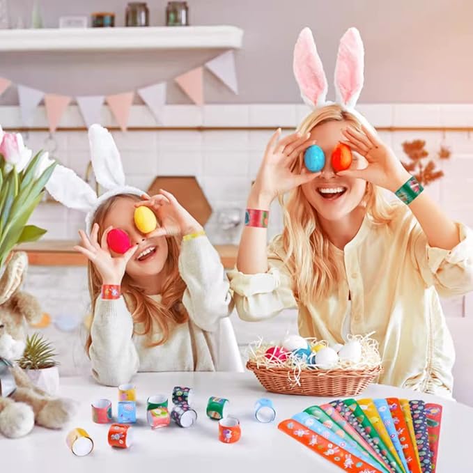48pcs Easter Slap Bracelets Easter Egg Bunny Snap Bracelet Party Favor Toys for Kids Easter Basket Stuffers Egg Filler Classroom