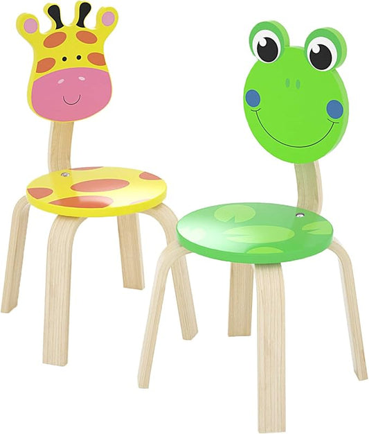 iPlay, iLearn 2 PCS Wooden Kids Chair Sets, Natural Hardwood Giraffe & Frog Animal Children Chairs, Furniture Set for Toddlers Kids Boys Girls, Stackable for Playroom, Nursery, Preschool, Kindergarten