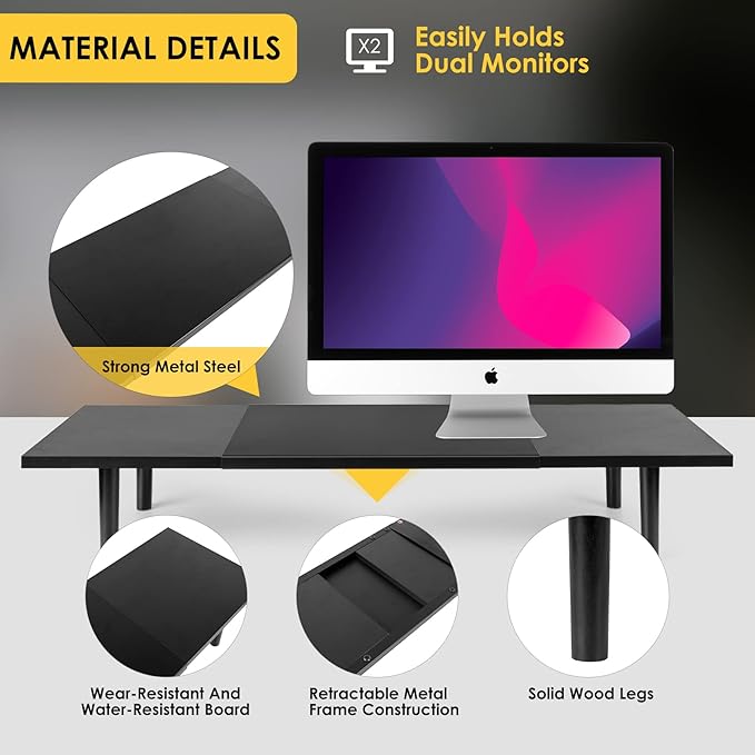 Across-Star Dual-Monitor-Stand-Riser-For-Desk Adjustable Length 32-40 Inch，Large Desktop Computer Monitor Riser For 2 Screens，Desk Shelf Organizer Riser Stand For Computer/Laptop/PC/Printer/TV Black