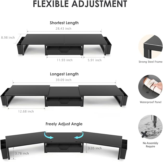 OPNICE Desk Organizers and Accessories, Dual Monitor Stand Riser with Drawer and 2 Pen Holders, Desk Shelf Metal Computer Racks for Office Workspace Organizers, Desktop Organization (Black)