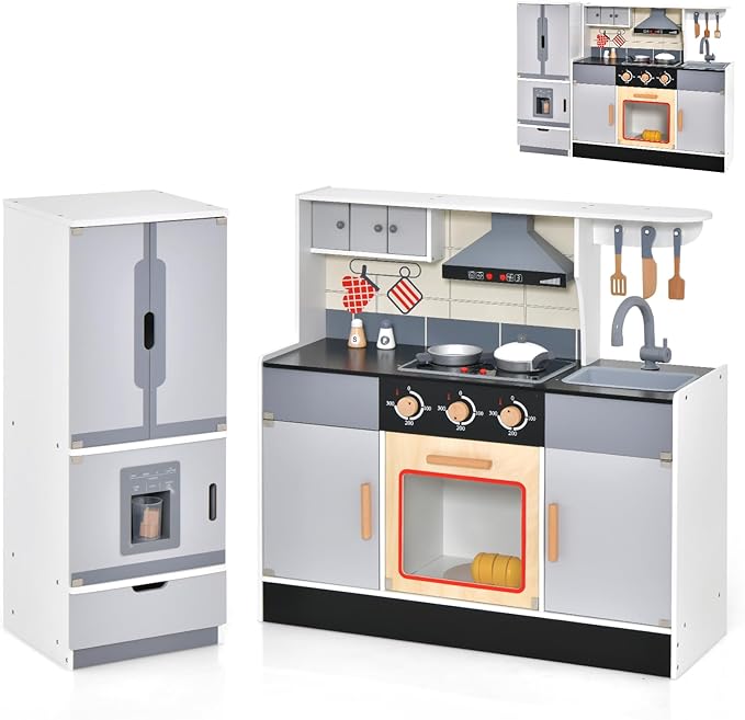 HONEY JOY Kids Kitchen Playset, 2-Piece Modular Wooden Play Kitchen for Toddlers & Refrigerator with Ice Maker, Range Hood, Oven, Little Chef Pretend Toy Kitchen Set with Light & Sound, Gray