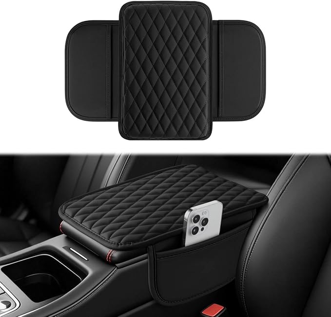 Amiss Car Center Console Cover, Upgraded Leather Car Armrest Cushion with 2 Storage Pockets, Universal Waterproof Cushion Pad, Non-Slip Car Interior Accessories, Fits Most Sedans SUVs Trucks (Black)