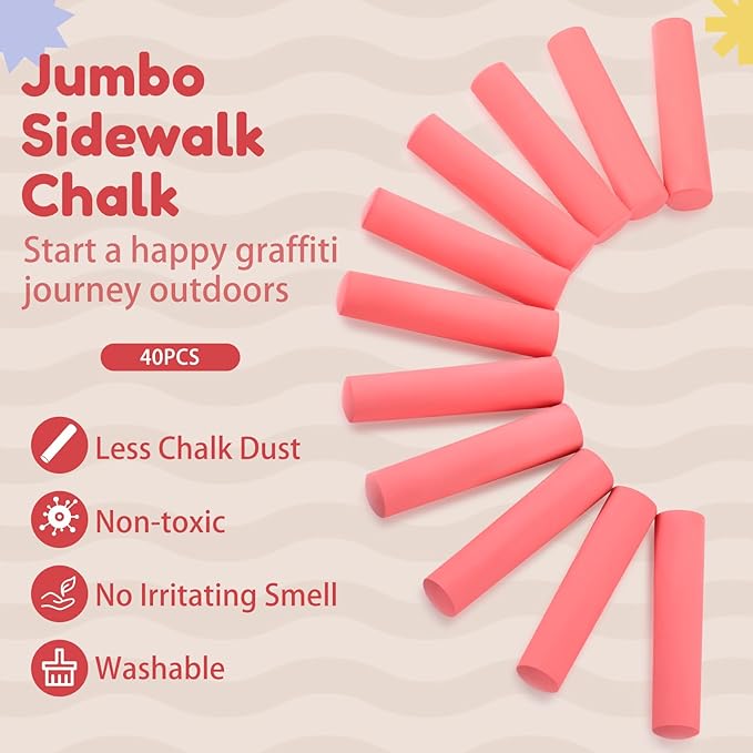 Fulmoon 40 Pcs Jumbo Sidewalk Chalk for Kids Outdoor Art Non Toxic Large Washable Street Chalk for Adults Drawing Painting Graffiti Classroom(Red,Round Style)
