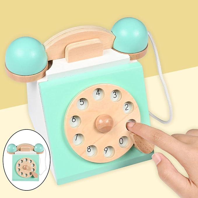 Classic Wooden Telephone, Realistic Vintage Dial Telephone Playset Pretend Play Montessori Interactive for Age 3Y and Up