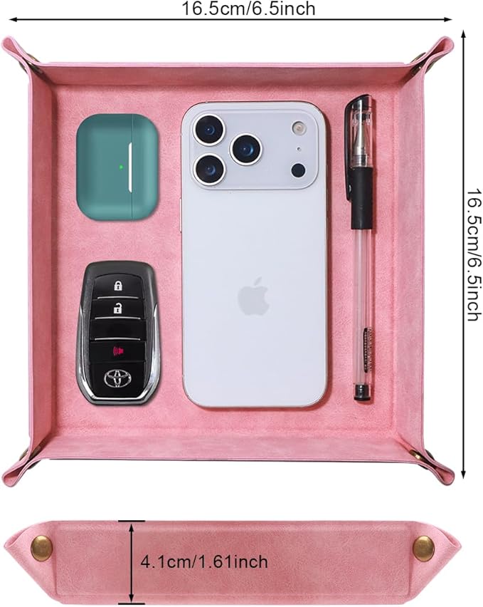 WAYIFON Valet Tray Desktop Storage Organizer – Premium PU Leather Catchall Bedside Vanity Tray Nightstand Caddy Holder for Remote Controller, Keys, Phone, Wallet, Coin, Jewelry,Pink