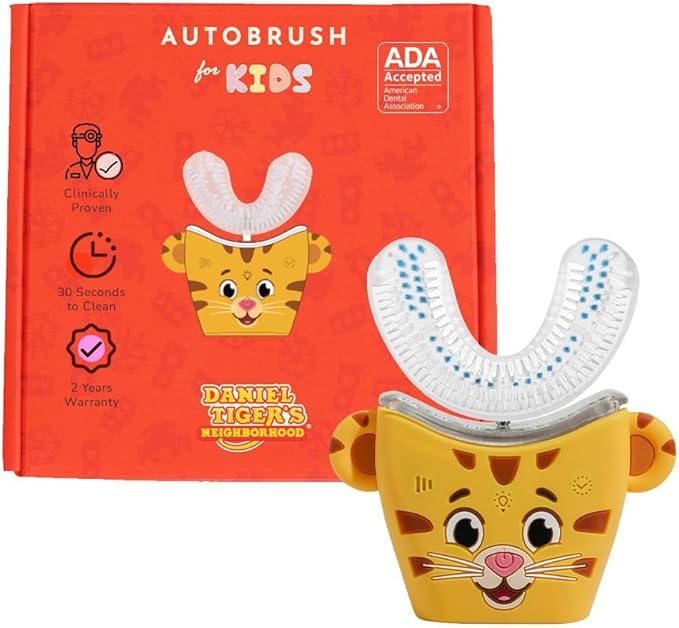 autobrush Kids U Shaped Electric Toothbrush, ADA Accepted, Sonic Pro with Unique 360° Nylon Bristles 3 Cleaning Modes,Whitening LED-Lights,Plays Music (Double-Sided),Ages 3-5, Daniel Tiger