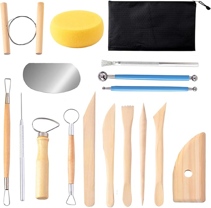 S & E TEACHER'S EDITION 17 Pcs Pottery & Clay Sculpting Tools, Double-Sided, Ceramics Tools Smooth Wooden Handles for Trimming, Embossing Pattern.