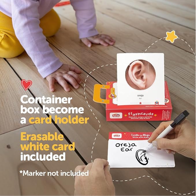 Tool-be Bilingual Flash Cards for Babies and Toddlers, with 35 Real Photos of Body Parts, Spanish-English Educational Toys, Sight Words Flash Cards, Ages 6 Months to 6 Years