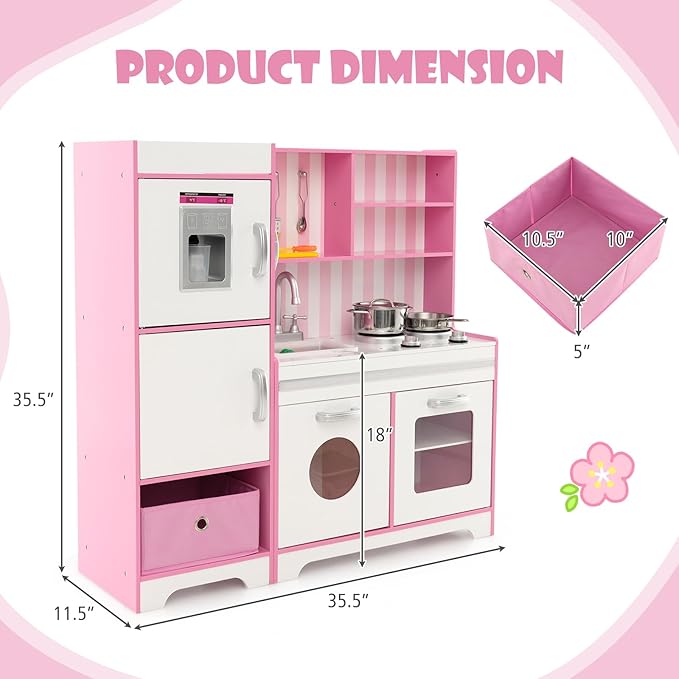 KOTEK Play Kitchen with Lights and Sounds, Wooden Toddler Kitchen Playset w/Ice Maker, Washing Machine, 16 Accessories & Stove, Chef Pretend Play Toy Kitchen Set for Kids Girls & Boys Ages 3+ (Pink)
