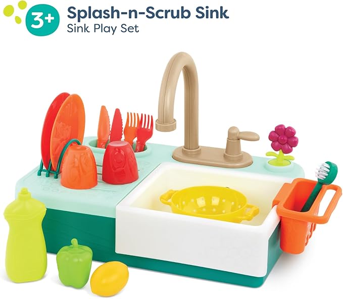 B. toys- Splash-n-Scrub Sink- Pretend Play Color Changing Playset – Toy Kitchen Sink – Faucet & Running Water, Dishes, Play Food- 3 Years + (15 Pcs)