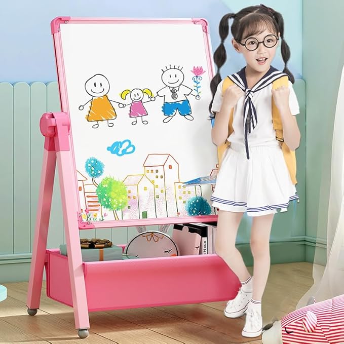 Harmoniousplay Kids Double Sided Easel Double Sided Magnetic Whiteboard and Chalkboard Adjustable Height Art Easel Ages 2 and Up (Pink)