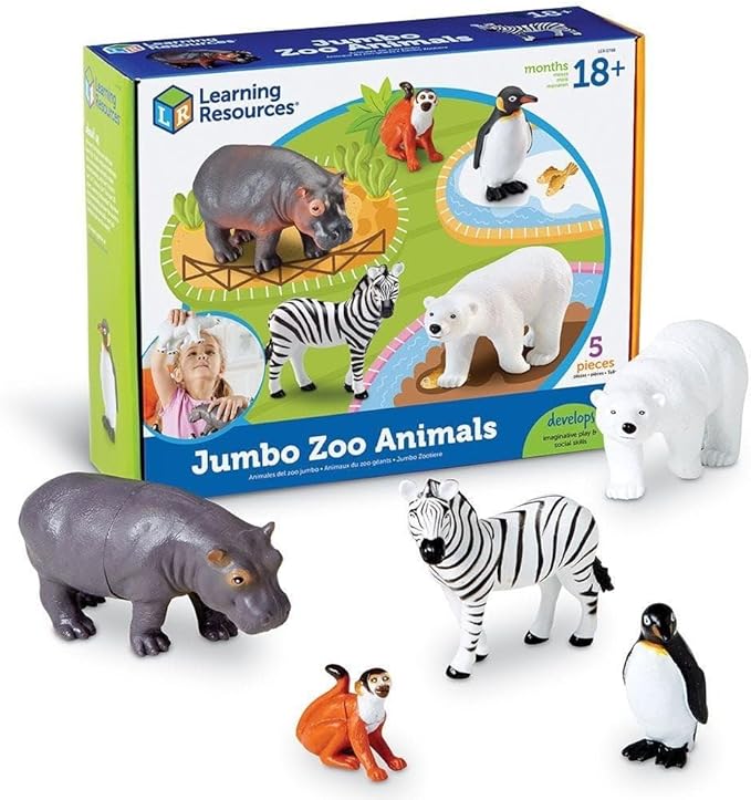 Learning Resources Jumbo Zoo Animals I Monkey, Penguin, Zebra, Polar Bear, and Hippo, 5 Animals, Ages 2+