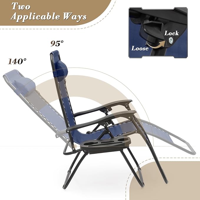 Athena Collection Zero Gravity Outdoor Lounge Chair Set of 2, 29" Width Pool Lounge Lawn Chairs Reclining with Cup Holder, Outdoor Chaise for Beach Patio Backyard Outside, Dark Blue
