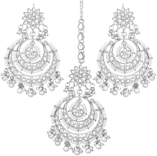 Aheli Bollywood Ethnic Chandbali Style Big Earrings Maang Tikka Set Traditional Fashion Jewelry Gift for Women