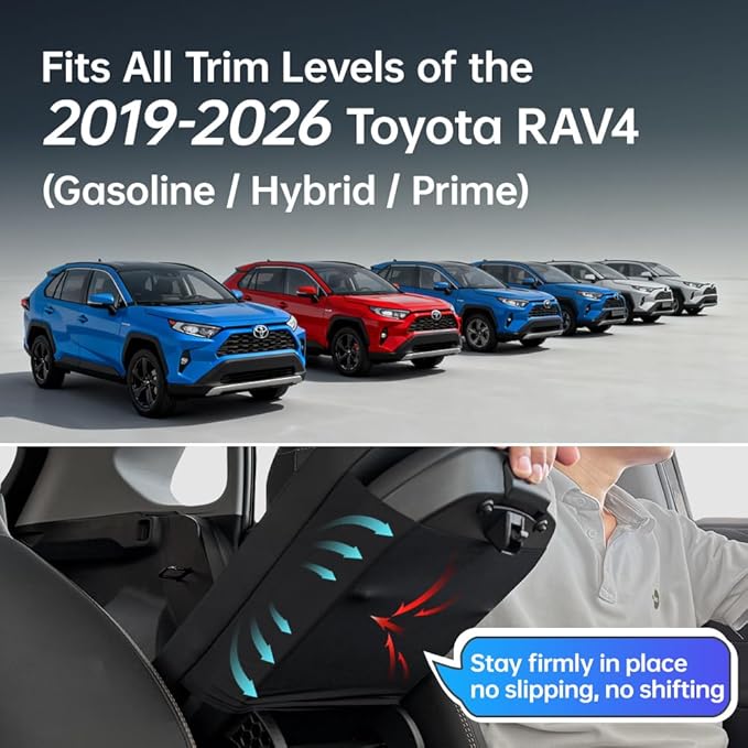 POKSRI Car Center Console Cover pad for Toyota RAV4(2019-2026). Arm Fatigue Relief, armrest Cushion Protect Original Leather from pet Claws, Waterproof Leather&Sponge, Interior Accessories, Black.