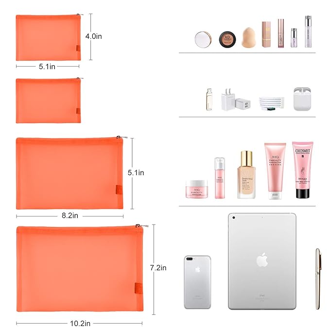 EASYFUN Mesh Pouch, Make up Bag with Zipper Cosmetic Organizer Pouch for Daily or Travel to Keep Small Items, 4 PCS Orange