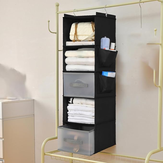 BIEBOS 5-layer suspended fabric shelf organizer, equipped with 2 sturdy hooks, 2 separate drawers, and foldable hanging storage (black)