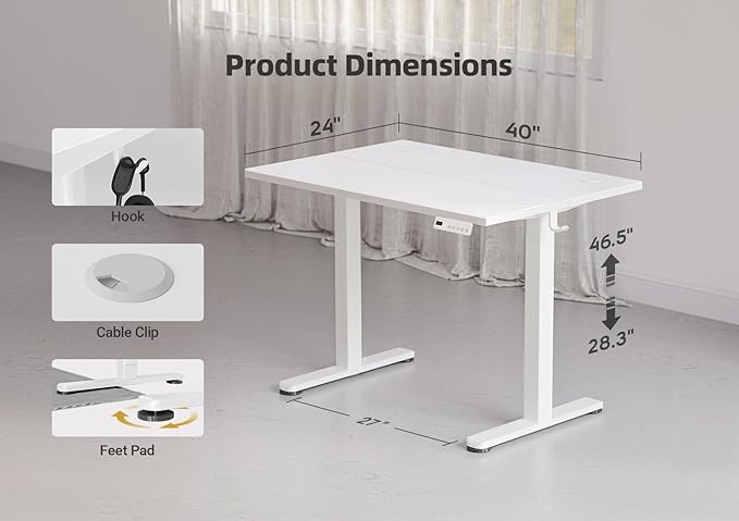 YDN Electric Standing Desk Adjustable Height, 40 x 24 Inches Stand up Desk with Cable Management, Home Office Desks with Splice Board & White Frame, White Top