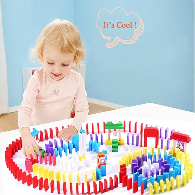 Joqutoys 600 PCS Dominoes Set for Kids, Wooden Domino Building Blocks, 6 Colors Bulk Dominoes Racing Tiles Games with Extra 26 Add-on Blocks and Storage Bag, Educational Toys for Kids Birthday Party