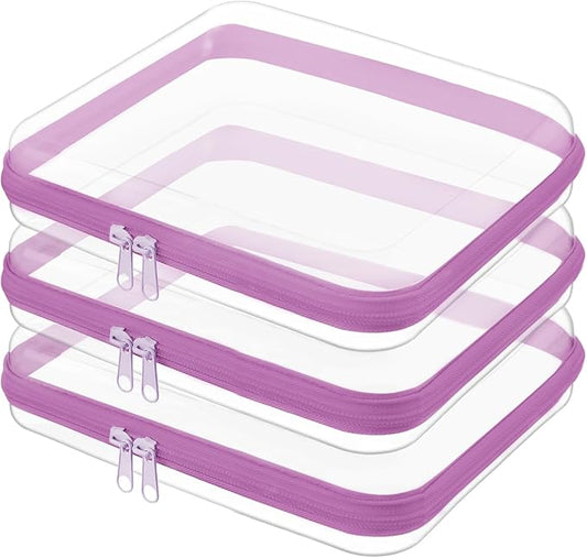 Clear Hard Shell Zipper Case,Clear Toy Storage Pouch,Waterproof Transparent Organizer Comestic Case for Travel, Office, Home(Purple, 3*M)