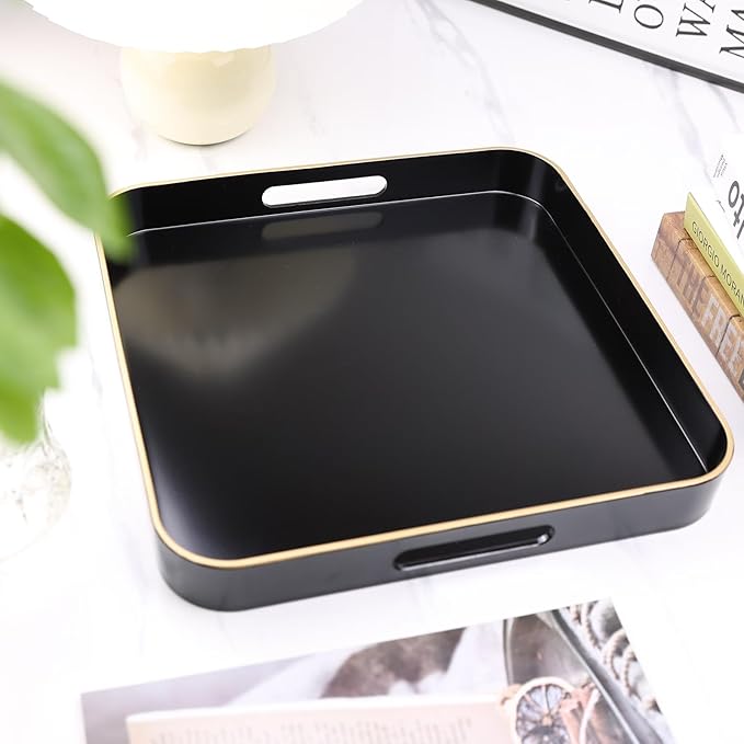Omuriko Black Square Decorative Tray with Handles, 13"*13" Versatile Serving Tray for Coffee Table, Ottoman, Ideal for Serving, Displaying, Organizing