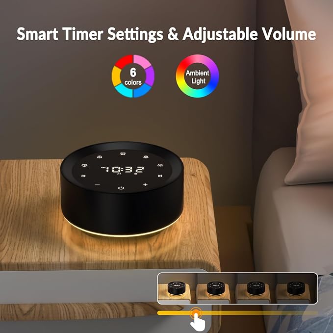 Alarm Clock White Noise Sound Machine & 7 Night Light 3-in-1, 20 Soothing Sounds, Timer, 31-Level Volume Control, Touch Button Control Noise Machine for Baby, Adults,Bedroom
