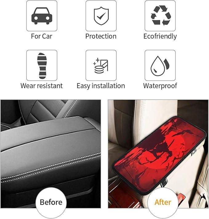 DORKEIXIA Japanese Samurai Broken Swords Arrows Crow Bloody Sun Auto Center Console Armrest Pad Universal Car Center Console Cover Seat Box Cover for Sedan, Van, SUV, Truck Car Accessorie