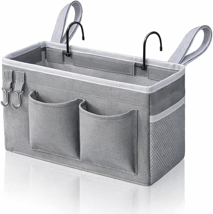 1pcs Bedside Caddy Hanging Storage Bag, Organizer Baskets with Pockets for Bunk Bed Accessories, Loft & Dorm Rooms Chair Bed Rails (Grey-1pcs)