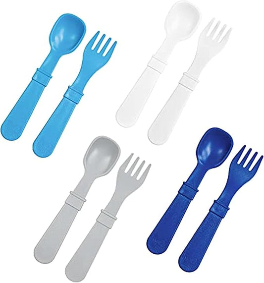 Re-Play Made in USA Toddler Forks and Spoons, Pack of 8 Without Carrying Case - 4 Kids Forks with Rounded Tips and 4 Deep Scoop Toddler Spoons - 0.2" Thick Toddler Utensils, Modern Blue