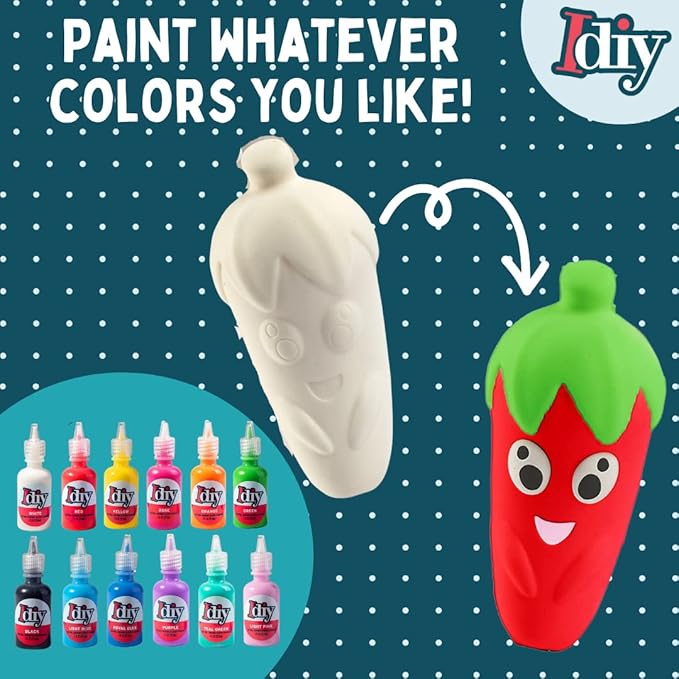 Idiy Party Craft Kit Jumbo Fruit & Veggies Squishies (8 Shapes w 12 Fabric Paints)-White Kawaii Scented Slow Rising Squishy Toys, Scented Stress Relief, Kids School, Birthday Activity Gift (4"-6")