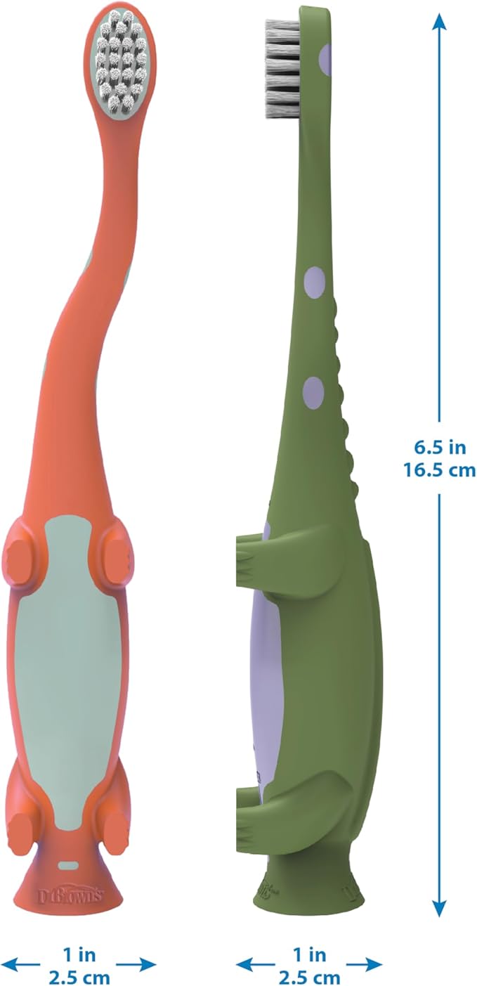 Dr. Brown's Toddler Toothbrush, Dinosaur, Green and Orange, 2-Pack