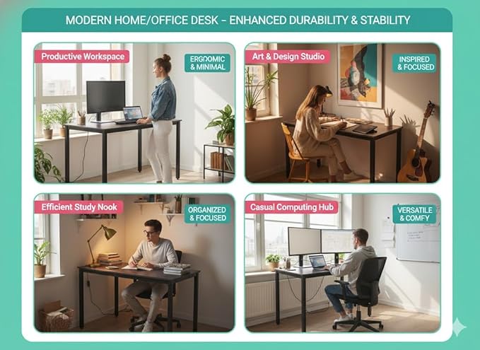 55 inch Large Computer Desk Wood, Modern Simple Style Desk for Home Office, Bedroom, Study Student Writing Desk, Small Spaces, Black Metal Frame, Dark Walnut Top