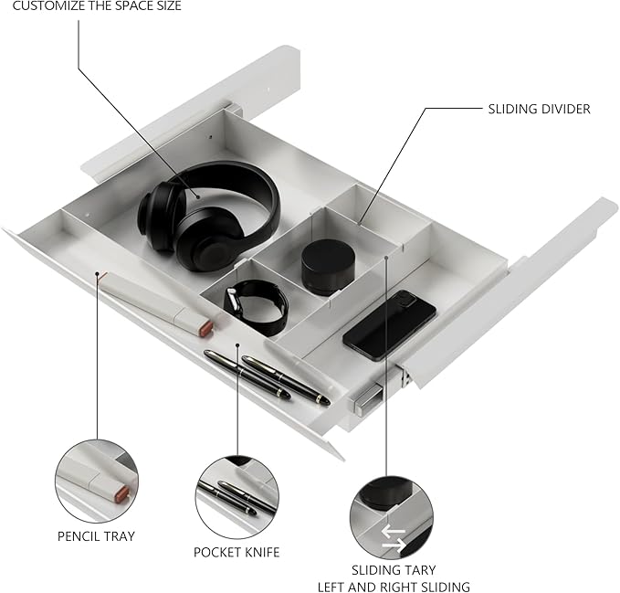 White Under Desk Sliding Pull-out Drawer with Pencil Tray and Slide Storage Tray, 17'' long & 13.5'' deep Large Organizer for Sit Stand Workstation…