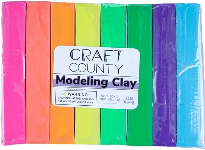 Craft County Modeling Clay – 1 lb (Eight Assorted Color Bars) – Use for Claymation, Models, and Stop Motion (Neons)