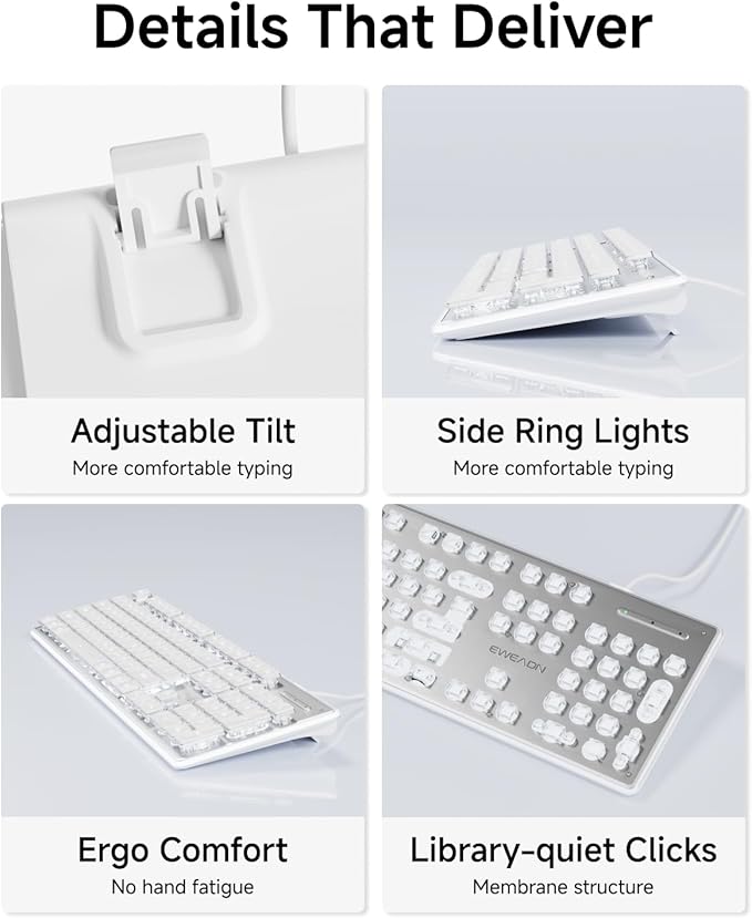 EWEADN GX710S Backlit Computer Keyboards, Wired USB Keyboard with White Backlit, Metal Panel, Plug and Play, Pudding Keycaps Full Size Quite Computer Keyboard for Win/PC/Laptop-White