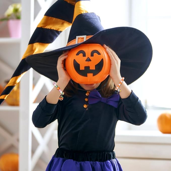12pcs Halloween Bracelets for Kids, Halloween Party Favors Bead Bracelets and Charms Set Trick or Treat for Boys Girls Halloween Goodie Bag Fillers