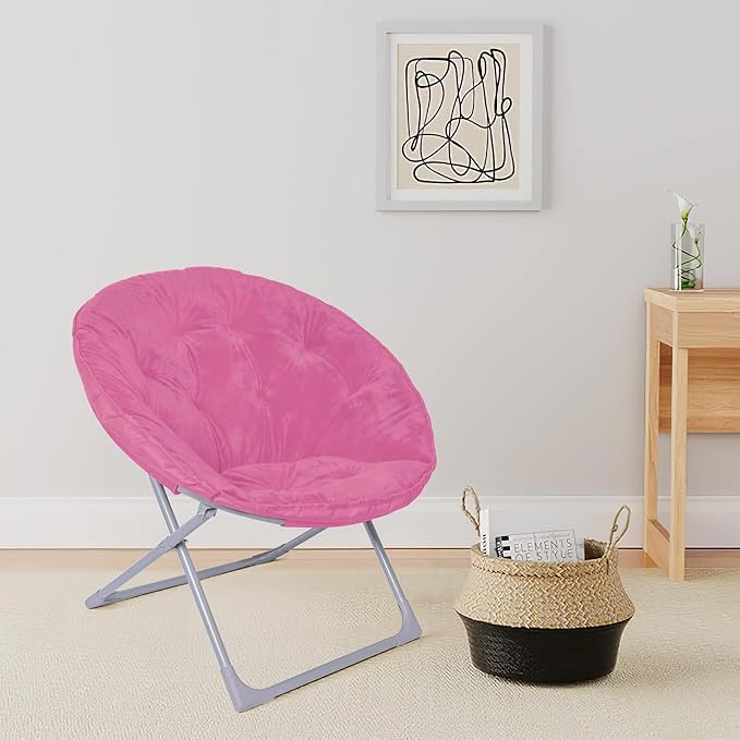 Amazon Basics Soft Faux Fur Saucer Shaped Comfortable Chair with Foldable Metal Frame, for Living Room or Dorm Room, Cozy, Pink, 27.2"D x 32.3"W x 32.3"H
