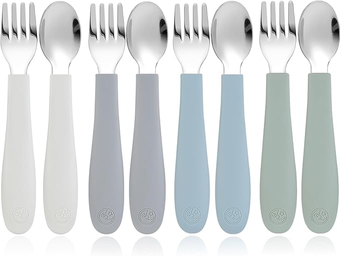 CoixFoam 8 Pieces Toddler Utensils, Toddler Safe Silverware Set With Food Grade Silicone Hanlde, 18/8 Stainless Steel, Perfect Length For New Self Feeders, Dishwasher Safe
