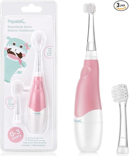 Papablic BabyHandy 2-Stage Sonic Electric Toothbrush for Babies and Toddlers Ages 0-3 Years, Pink
