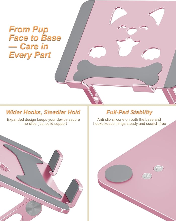 Aluminum Laptop Stand for Desk, Height-Adjustable Riser, Sturdy Ergonomic Holder with Puppy Shaped Vents for Heat Dissipation, Fits 10"-17.3" MacBook Air/Pro, Dell, HP, Lenovo, Rose Gold