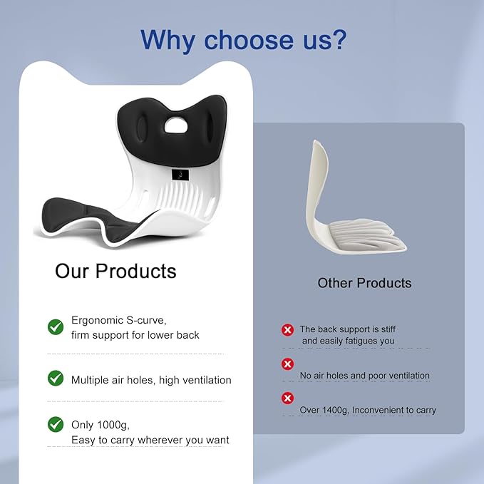 Ergonomic Back Support Office Chair Posture Correction Back Tailbone Pain Relief Seat Cushion Memory Foam Portable Floor seat Comfortable Lumbar Pillow Home Outdoor Gaming