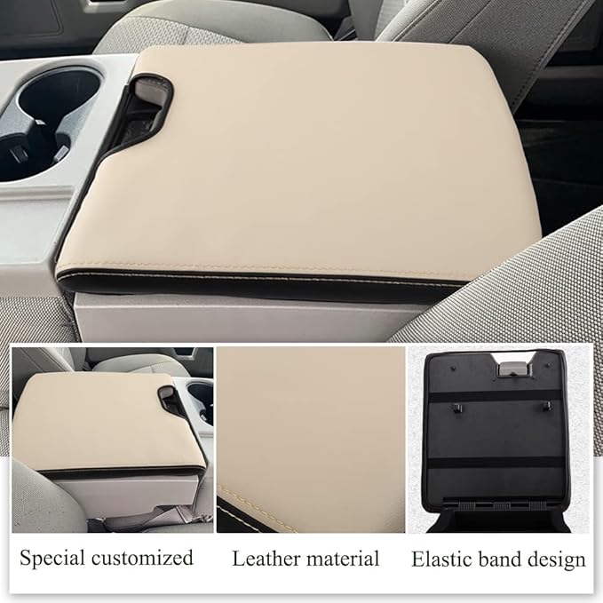 XITER 1PC Leather Center Console Armrest Cover Waterproof Protector Cover for 2015-2026 F150 2017-2026 F250 F350 F450 Super Duty with 40/20/40 Jump Seat(Beige+Black)
