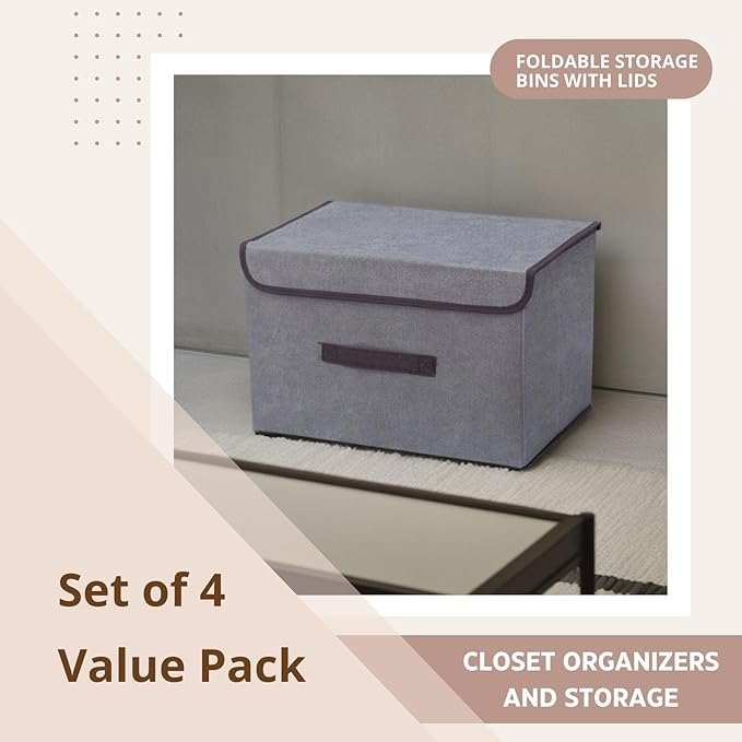 4 PCs Fabric Storage Bins with Lids, Foldable Closet Organizers and Storage, Clothes Storage, Clothes Organizer, Gray, Stackable Storage Bins with Handles for Home, Office, Bedroom, Dorm