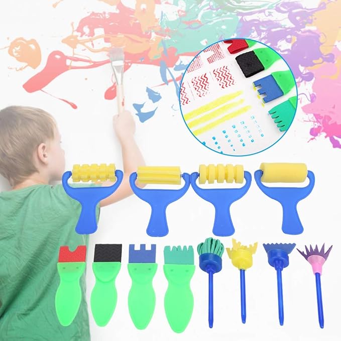 12pcs Kids Painting Brushes, Sponge Paint Roller Brush Portable Toy Drawing Set Painting Tools for Child Play
