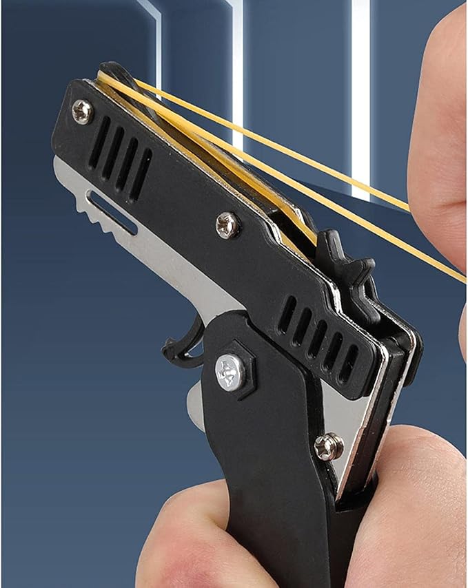 Kids Toys Cool Keychain Rubber Band Mini Metal Folding Rubber Launcher Toy with 60 Elastic Rubber Bands for Game Outdoor Activities (red)