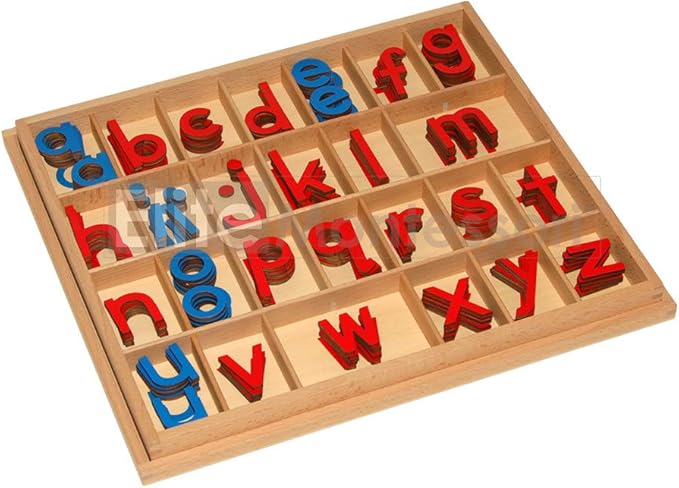 Elite Montessori Wooden Movable Alphabet with Box Preschool Spelling Learning Materials (Red & Blue, 5mm Thick)