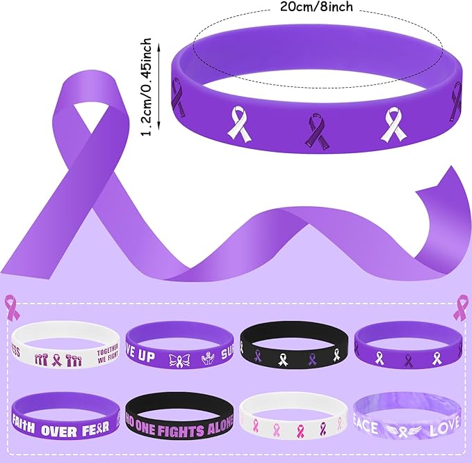 JUNEBRUSHS 42pcs Purple Ribbon Awareness Accessories Silicone Bracelets Hope Faith Courage Wristbands for Lupus Domestic Violence Epilepsy Pancreatic Cancer Alzheimers Awareness Party Supplies